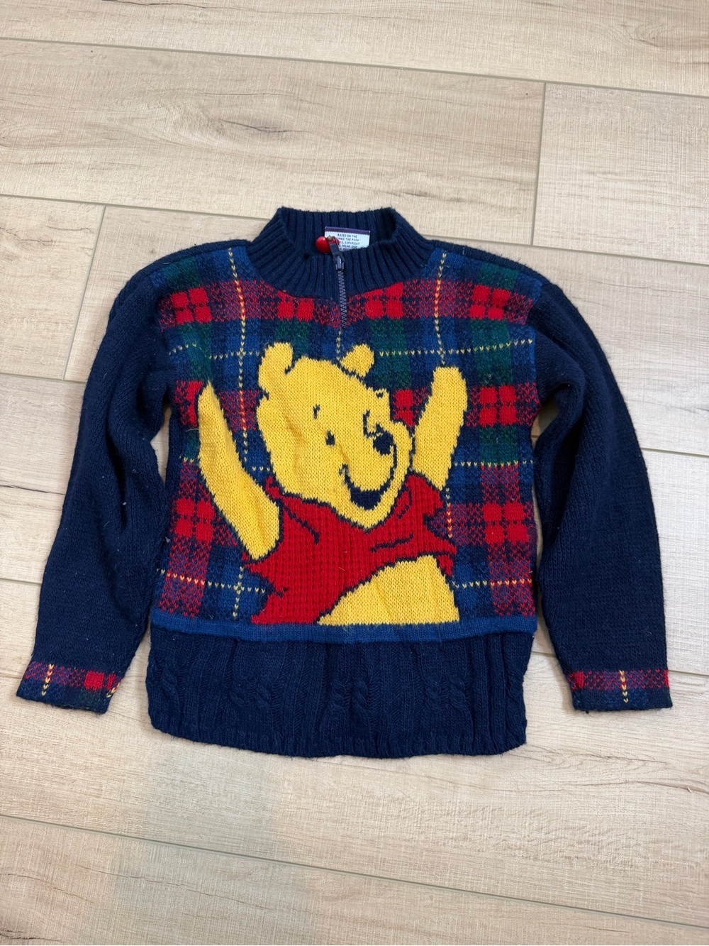 Vintage Winnie the Pooh Tartan Plaid Quarter Zip Sweater Kids 4T Disney 90s